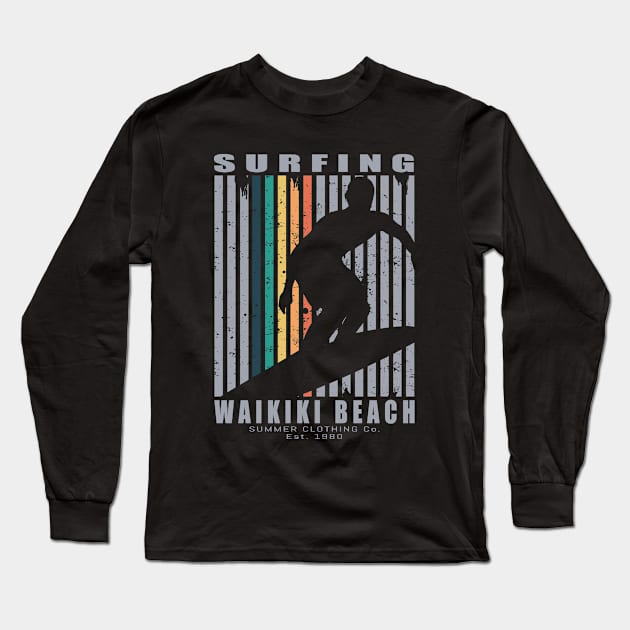 Waikiki Beach Surfing Beach Retro Surfing Long Sleeve T-Shirt by Jas-Kei Designs